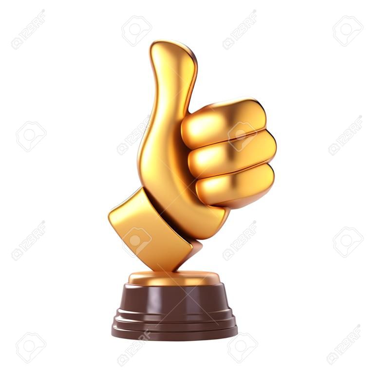 Gold like symbol Trophy on white background. Cartoon thumb up. isolated. 3d render