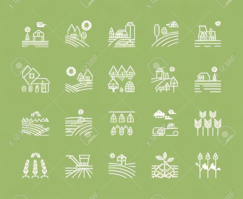 Farming landscape line icons. Rural houses, planting vegetables and wheat fields, cultivated crops. Agriculture vector pictograms