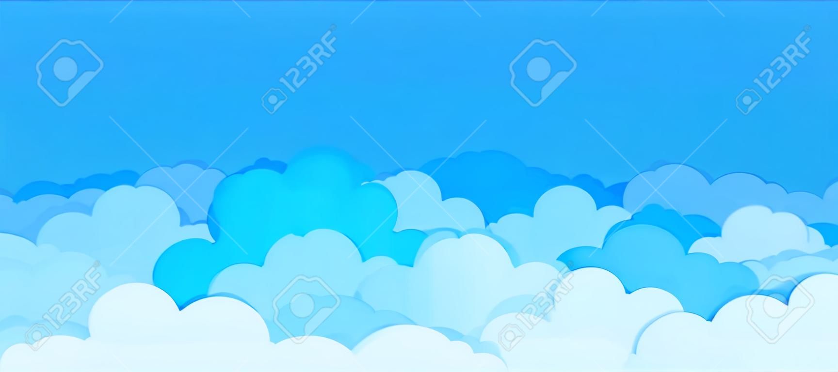 Płaskie tło chmura. kreskówka błękitne niebo wzór streszczenie pochmurno ramki pochmurno lato plakat scena. wektor chmury graficzne tapety