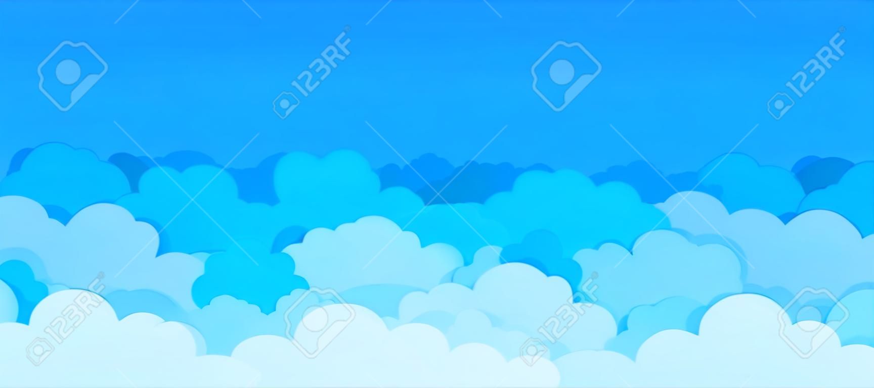 Płaskie tło chmura. kreskówka błękitne niebo wzór streszczenie pochmurno ramki pochmurno lato plakat scena. wektor chmury graficzne tapety