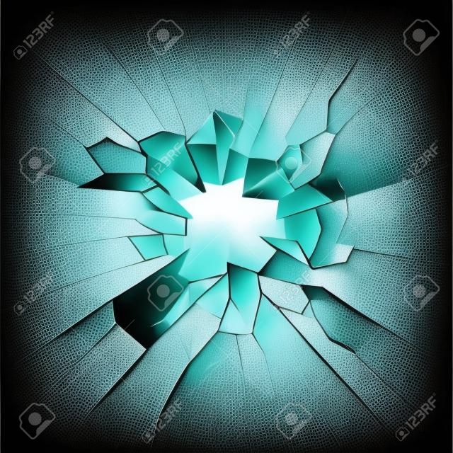 割れたガラス。割れた窓のテクスチャは透明な損傷したガラスの現実的な破壊穴。ベクトルの現実的な粉々になったガラステンプレート