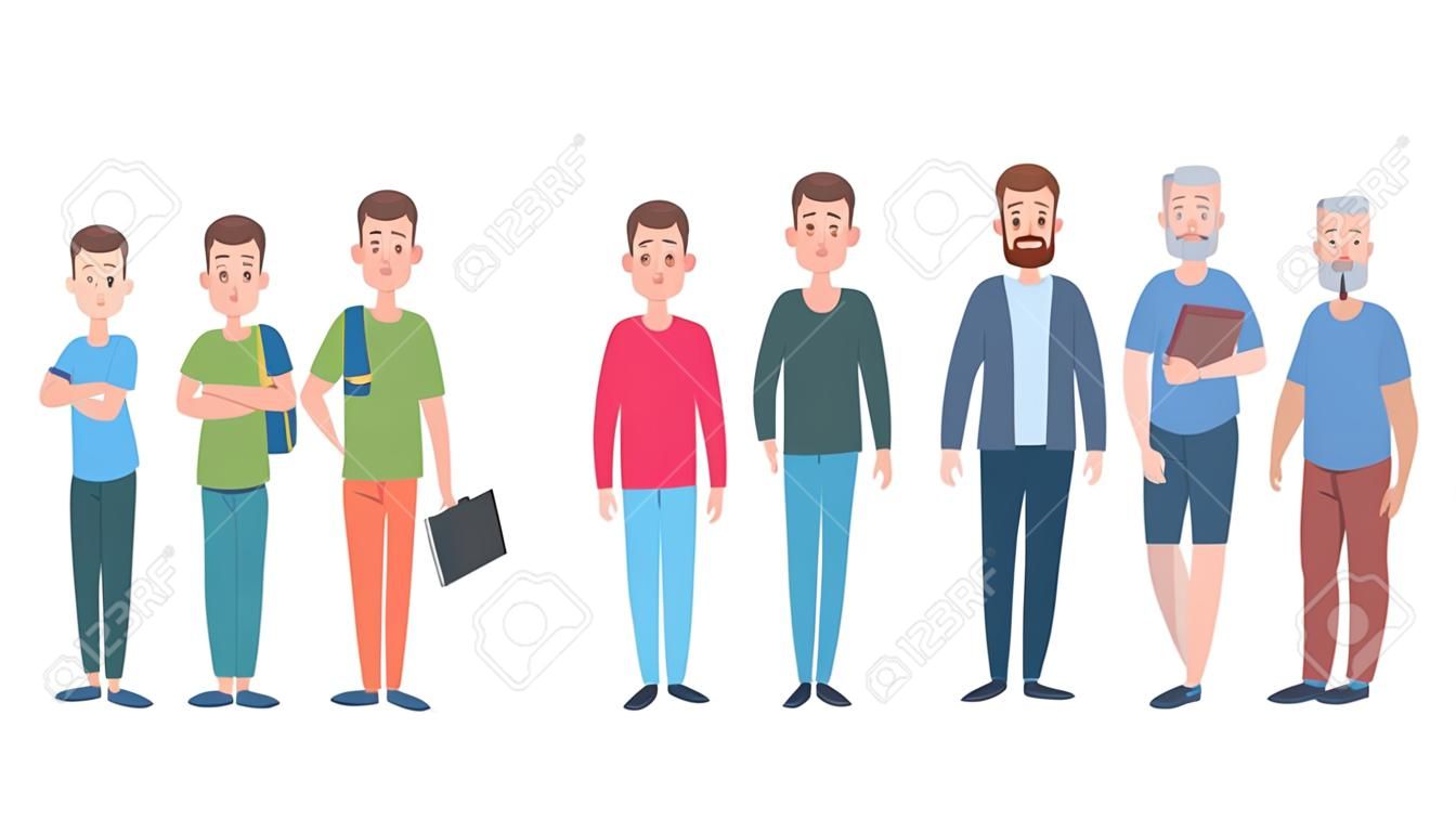 Man character age stages. Cartoon people generations, baby young boy teenager adult mature and old man. Vector life development cycle