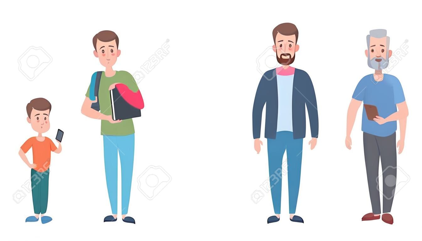 Man character age stages. Cartoon people generations, baby young boy teenager adult mature and old man. Vector life development cycle