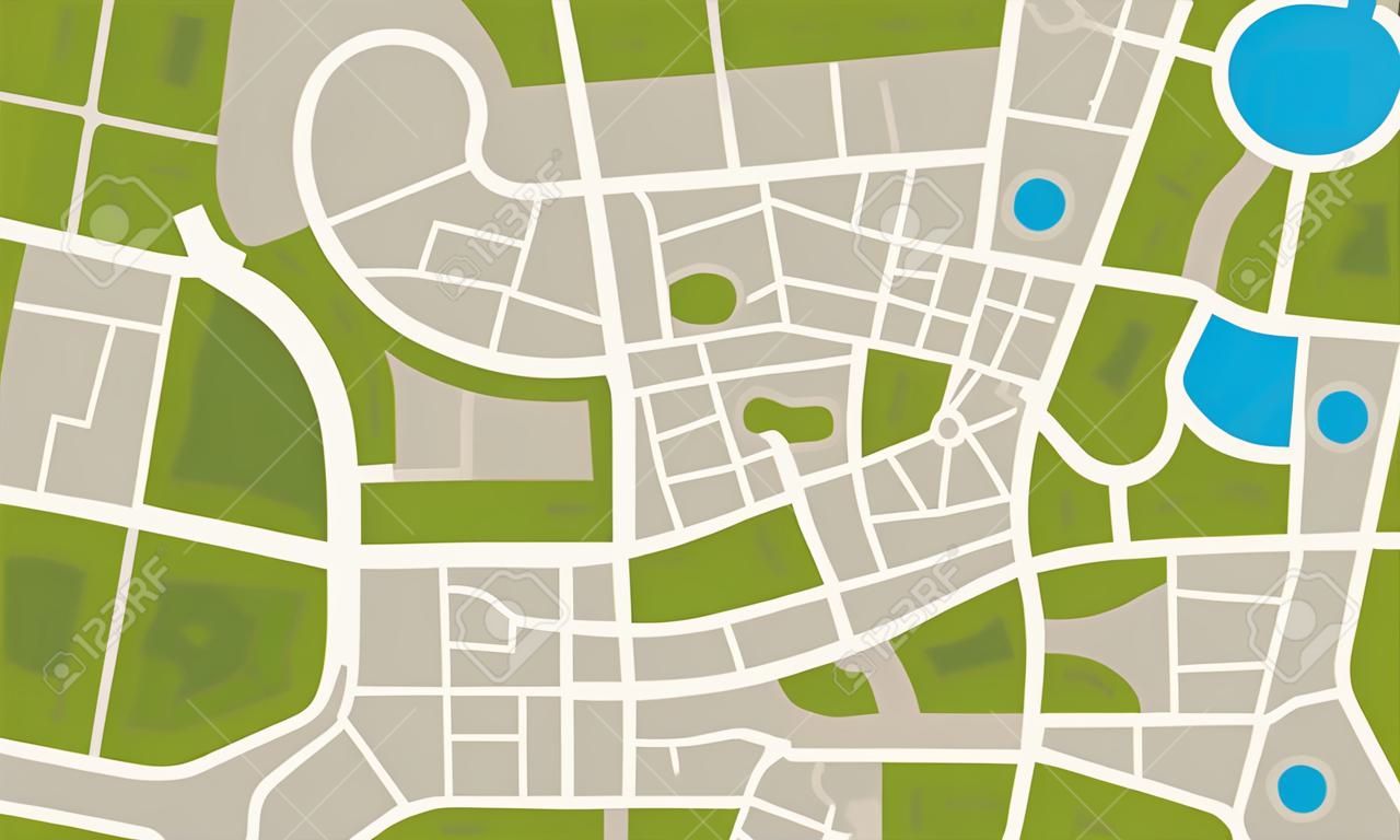 Mapa de navegação da cidade. Plano plano de parques de ruas e rio com vista superior, mapa simples da cidade dos desenhos animados. Padrão da baixa da ilustração do vetor com belas praças da cidade da imagem do mapeamento, quadrado