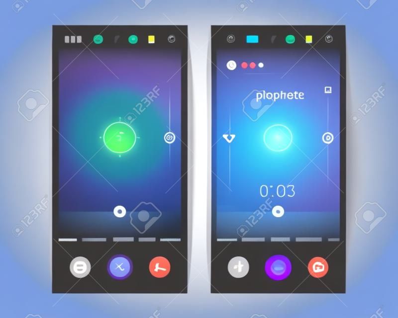 Camera UI. Mobile phone application with photo and video viewfinder and UI elements and buttons. Vector design phone screen with icon setO, hand drawnR and flash