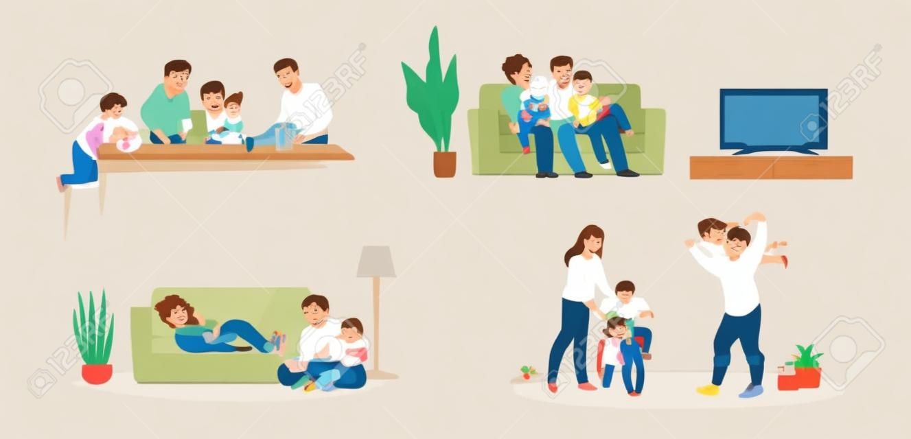 집에 있는 가족. 집에서 부모와 아이들이 TV를 보고 놀고, 아버지 어머니와 아이들이 함께 식사를 합니다. 벡터 삽화 집 활동에서 행복한 만화 가족 캐릭터