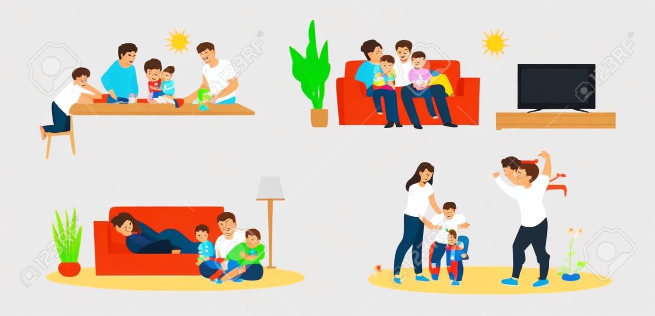 집에 있는 가족. 집에서 부모와 아이들이 TV를 보고 놀고, 아버지 어머니와 아이들이 함께 식사를 합니다. 벡터 삽화 집 활동에서 행복한 만화 가족 캐릭터