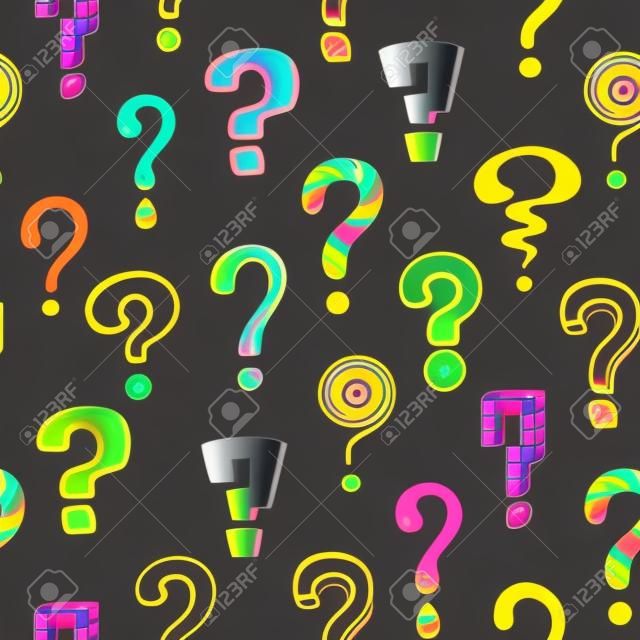 Question mark pattern. Doodle seamless texture mockup with colorful interrogation symbols. Creative hand drawn isolated repeated asking signs. Vector punctuation icon consisting of dot and curved line