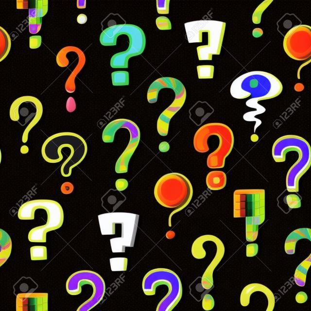 Question mark pattern. Doodle seamless texture mockup with colorful interrogation symbols. Creative hand drawn isolated repeated asking signs. Vector punctuation icon consisting of dot and curved line