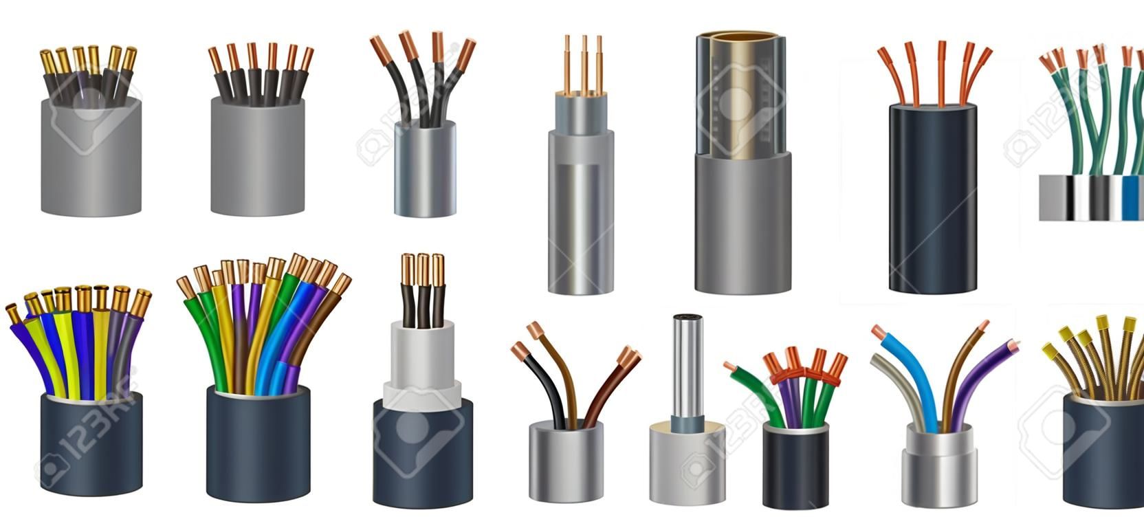 Cables realistas cables eléctricos flexibles con diferentes tipos de  aislamiento paquetes coaxiales 3d de cables de alimentación coloridos  retorcidos conductores eléctricos trenzados con conjunto de vectores de  núcleo metálico