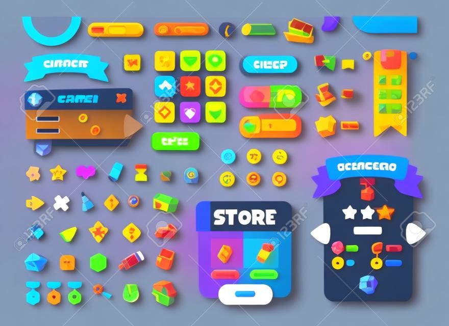 Game UI buttons. Mobile application interface elements. Cartoon colorful design. Progress bar, panel and indicators. Video gaming menu kit. Isolated medals and prizes. Vector arcade set