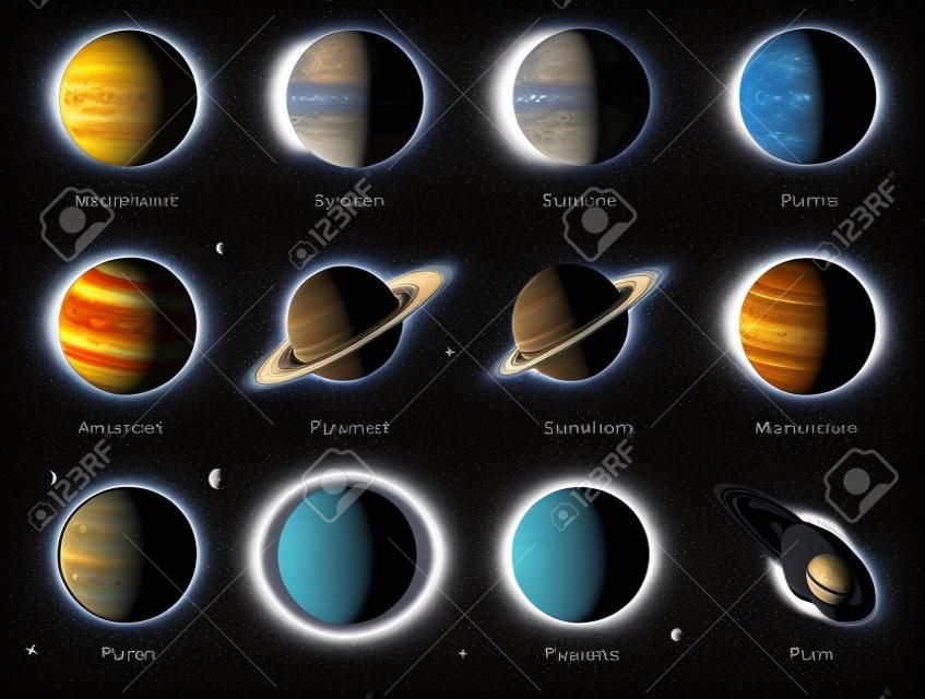 Collezione di pianeti. Elementi del sistema solare. Esplorazione galattica. Ricerca astronomica. Terra con la luna. Mercurio Venere e Marte. Giove Saturno Urano Nettuno e Plutone. Set di spazi vettoriali