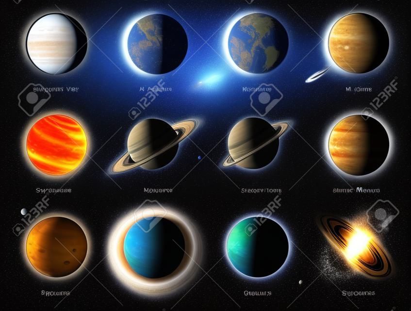 Collezione di pianeti. Elementi del sistema solare. Esplorazione galattica. Ricerca astronomica. Terra con la luna. Mercurio Venere e Marte. Giove Saturno Urano Nettuno e Plutone. Set di spazi vettoriali