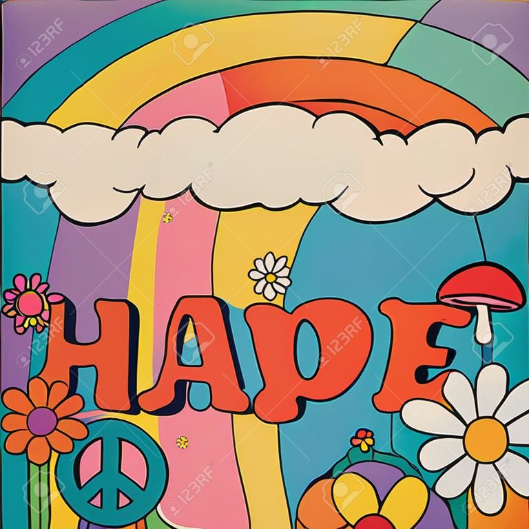Manifesto hippy. Banner psichedelico del fumetto con hippy colorati e segni di pace. Sfondo astratto a righe. Fiori e sole. Cielo arcobaleno. Cartello retrò anni '60 o '70. Illustrazione vettoriale