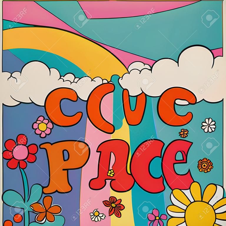Manifesto hippy. Banner psichedelico del fumetto con hippy colorati e segni di pace. Sfondo astratto a righe. Fiori e sole. Cielo arcobaleno. Cartello retrò anni '60 o '70. Illustrazione vettoriale