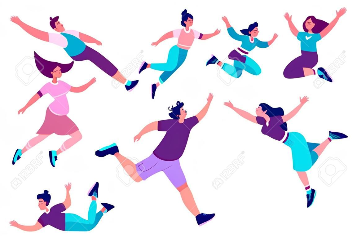 Dream people fly. Floating in air and space creative character. Men and women jump up. Persons free fall. Soaring in weightlessness. Running teenagers. Vector girls and guys poses set