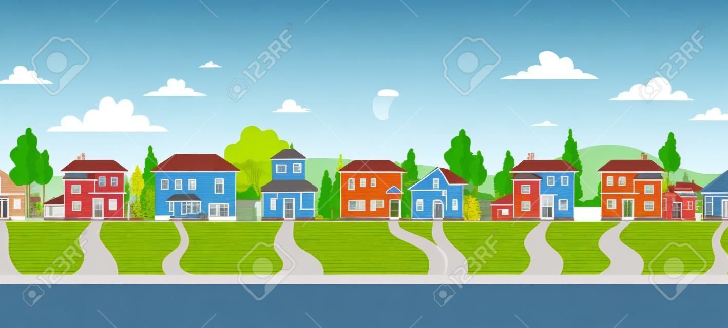 Neighborhood street. Suburb house landscape. City homes road. Suburban town garden. Residential building. Real estate. District panorama. Village mansion. Vector cartoon background