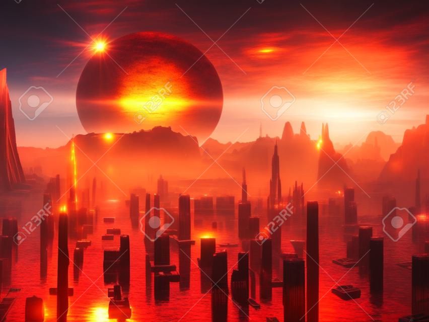 Inundada ciudad futuro gigante roja Sun