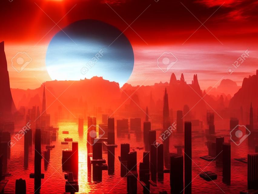 Inundada ciudad futuro gigante roja Sun