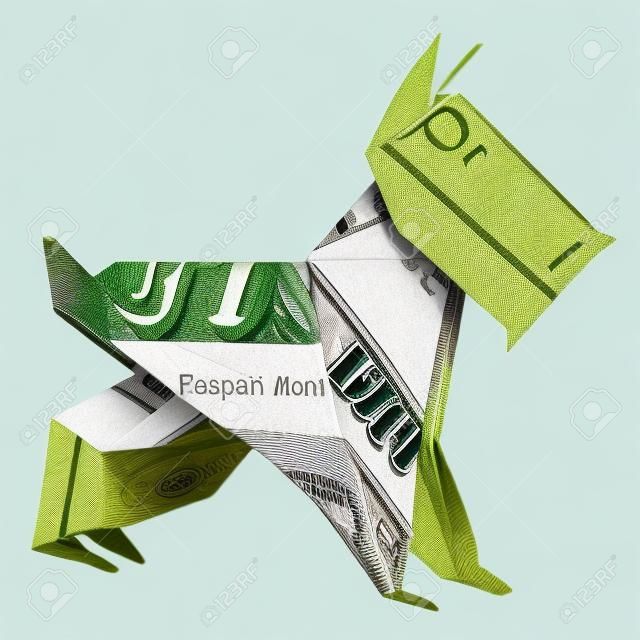 Money Origami Mini SCHNAUZER Dog Pet Folded with Real One Dollar Bill Isolated on White Background