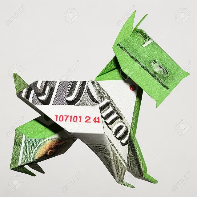 Money Origami Mini SCHNAUZER Dog Pet Folded with Real One Dollar Bill Isolated on White Background