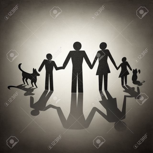monochrome pictogram of family with kids and cat and dog