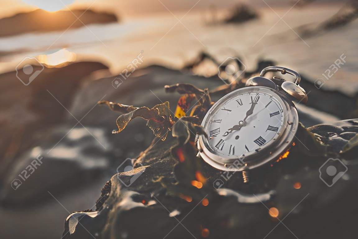 Relógio velho em uma rocha pelo oceano no nascer do sol do verão coberto com algas marinhas