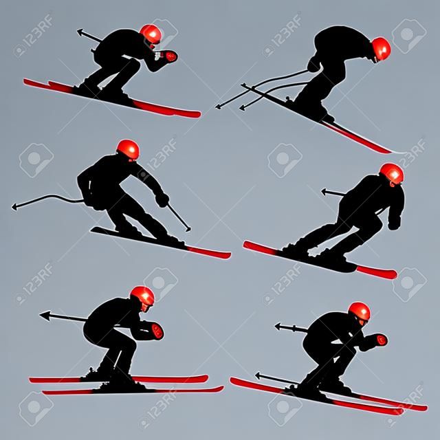 Set alpine skiing athlete black silhouette