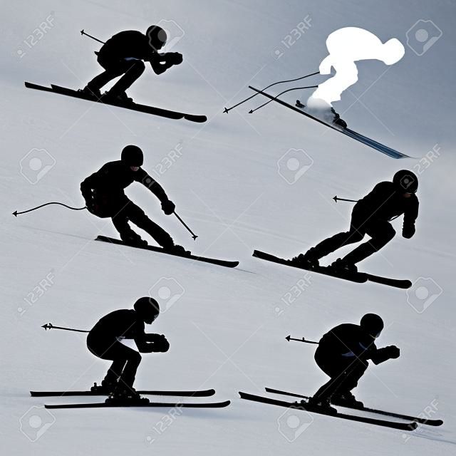 Set alpine skiing athlete black silhouette