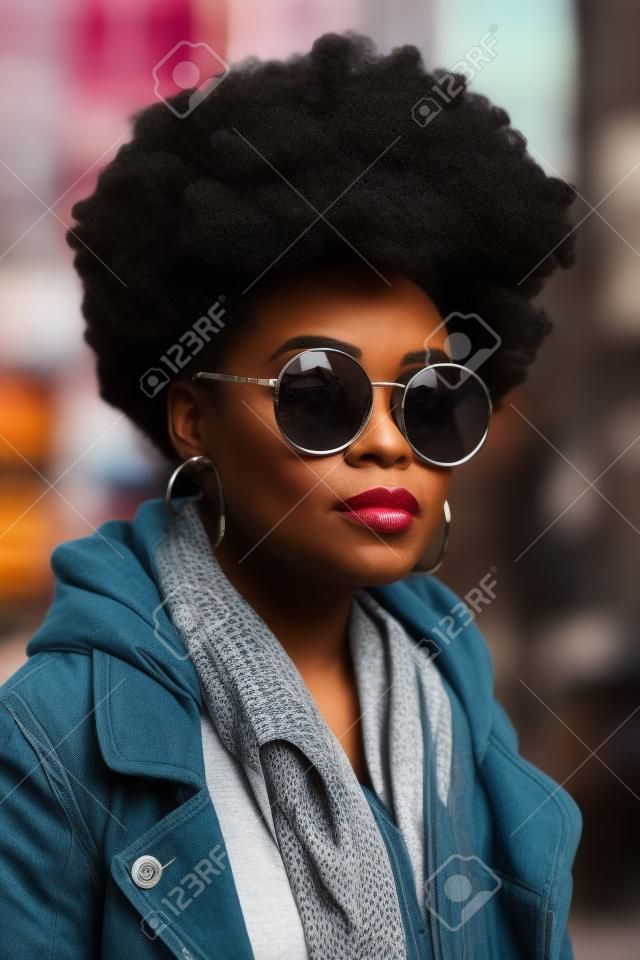 Una mujer afroamericana de 35 años camina por una concurrida calle de la ciudad.