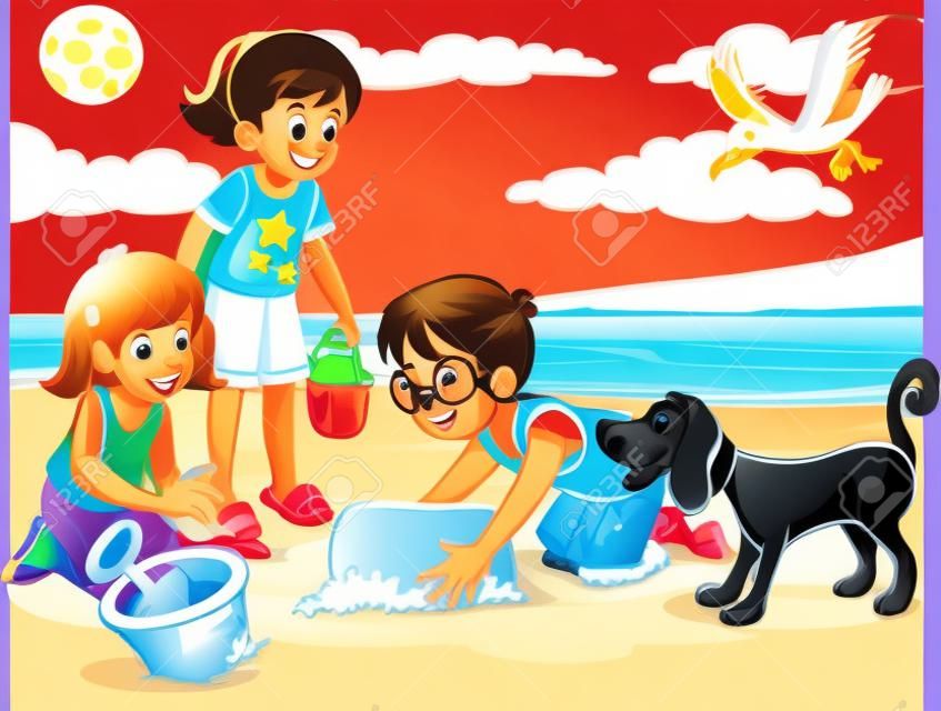Niños jugando con un perro en la playa. ilustración de dibujos animados vectoriales.