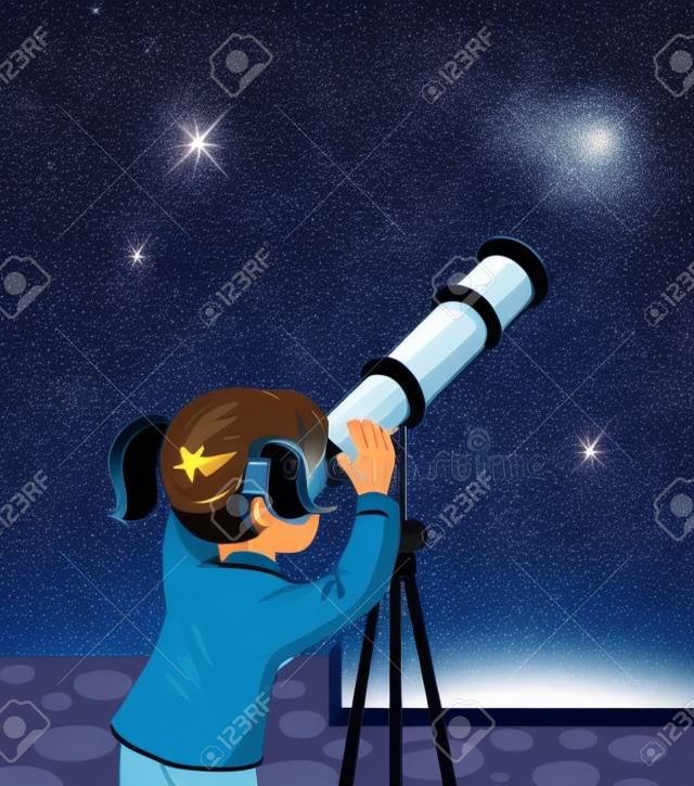 Mädchen blickt durch ein Teleskop auf den nächtlichen Sternenhimmel, Vektorgrafik
