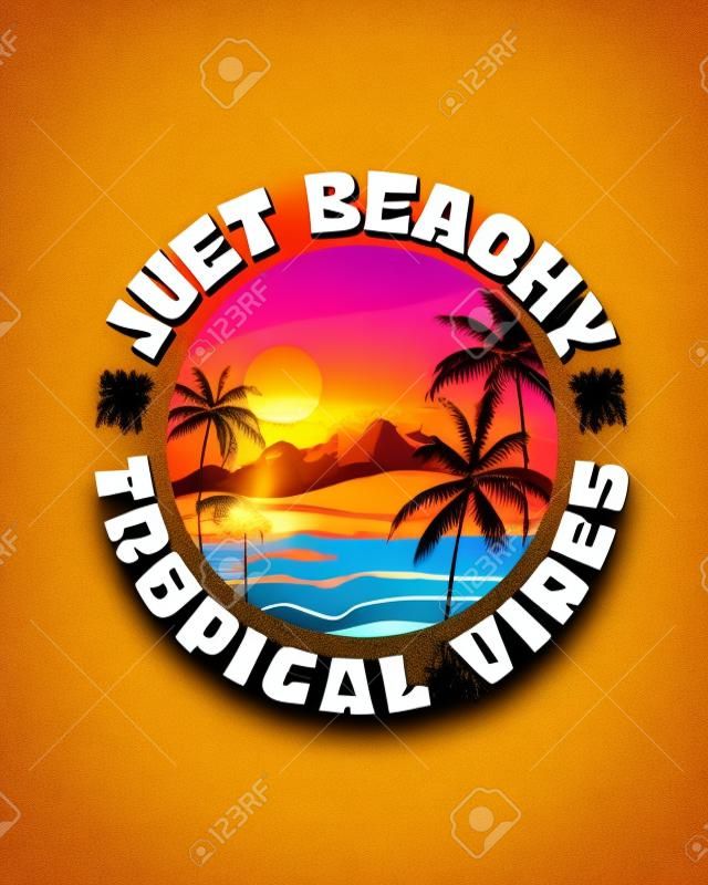 Vacation typography with palm trees and sunset in retro style