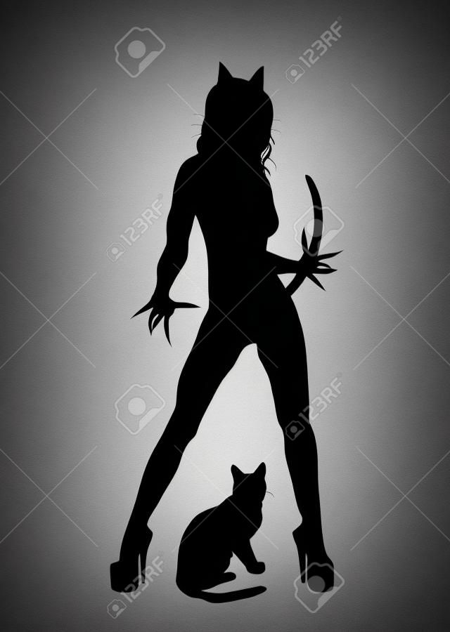 silhouette of cat woman on white