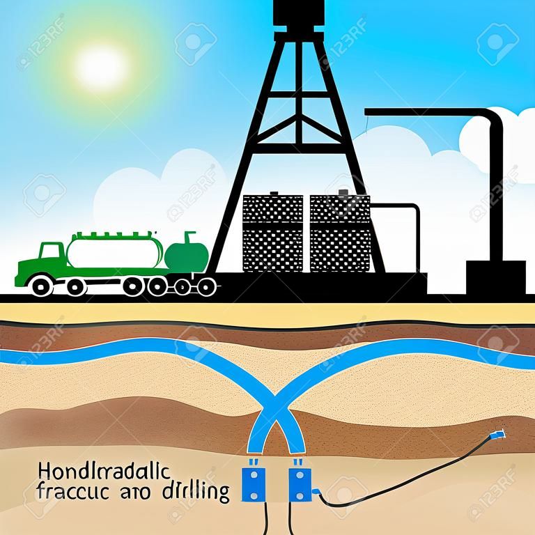 Illustration of the hydraulic fracturing process with drilling rig and fuel tank over nature background
