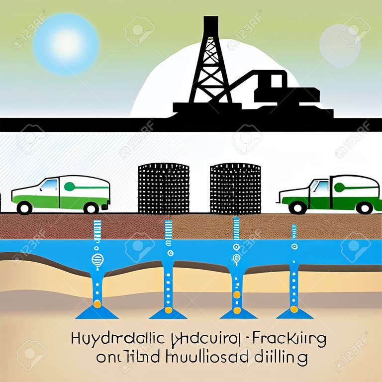 Illustration of the hydraulic fracturing process with drilling rig and fuel tank over nature background