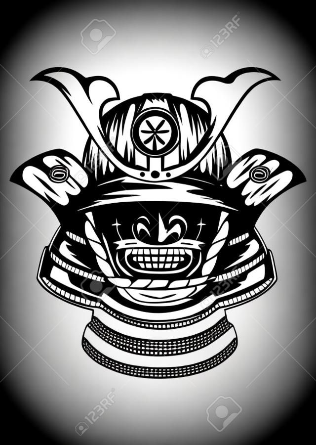 Ilustração vetorial capacete samurai, menpo com yodare-kake