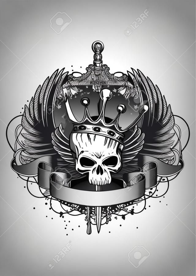 Vector illustratie schedel met kroon, vleugels en zwaard