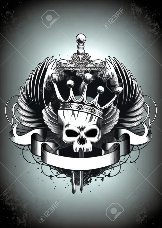 Vector illustratie schedel met kroon, vleugels en zwaard
