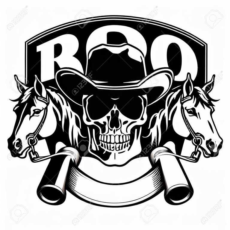 Vector illustration skull in cowboy hat and two horses on horseshoe. Lettering rodeo.