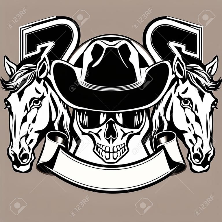 Vector illustration skull in cowboy hat and two horses on horseshoe. Lettering rodeo.
