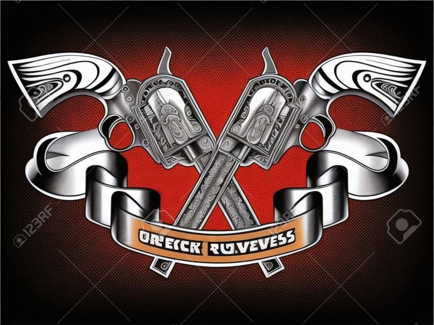 Ilustración vectorial dos revólveres cruzados y banner. Para el diseño del tatuaje o de la camiseta.