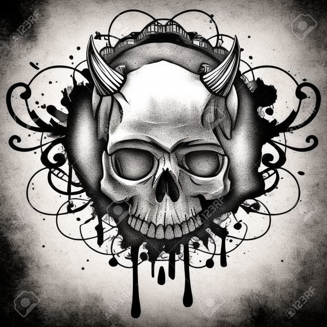 Demone in bianco e nero del cranio dell'illustrazione astratta di vettore con i corni sui modelli di lerciume. Design per tatuaggio o stampa t-shirt.