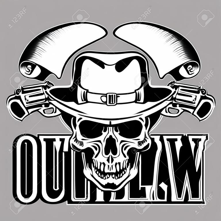 Ilustração vetorial crânio de cowboy em chapéu e dois revólveres.
