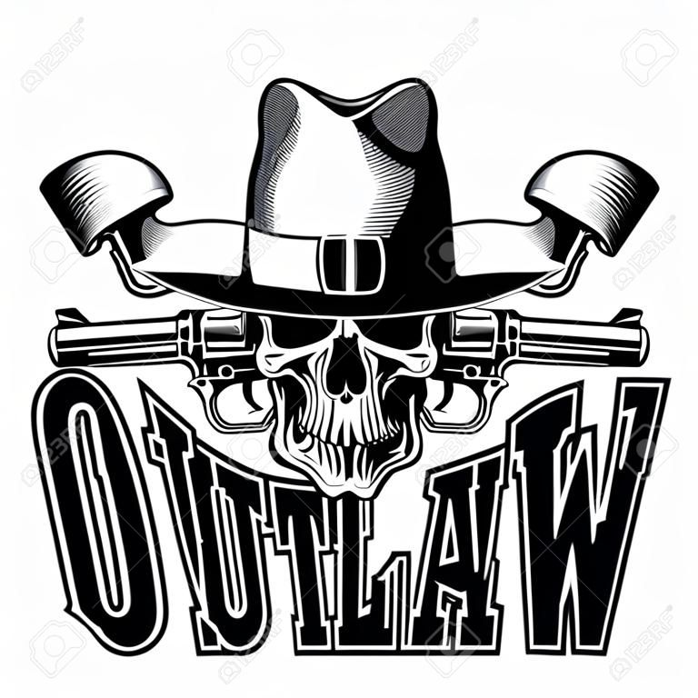 Vector illustration cowboy skull in hat and two revolvers. Lettering outlaw.