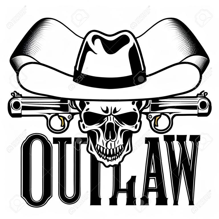 Ilustração vetorial crânio de cowboy em chapéu e dois revólveres.