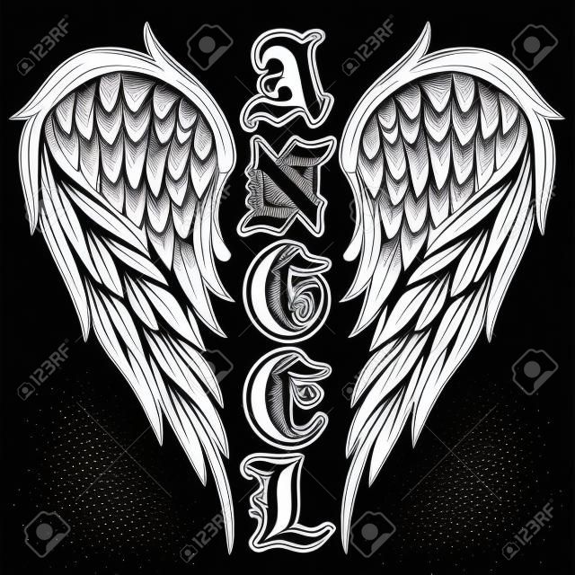 Абстрактные векторные иллюстрации черно-белые крылья и надпись ангел в готическом стиле. Дизайн для татуировки или печати футболки.