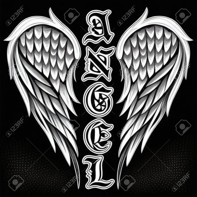 Resumen ilustración vectorial alas en blanco y negro y ángel de inscripción en el estilo gótico. Diseño para tatuaje o camiseta estampada.