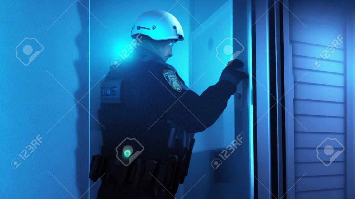 Police knocks on door. Policeman opening door, close-up, Generative AI