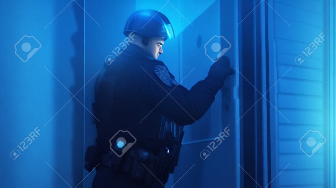 Police knocks on door. Policeman opening door, close-up, Generative AI
